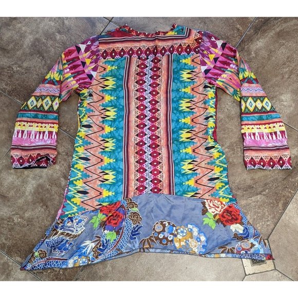 Johnny Was Kamelia Mixed Print V-Neck Button Front 100% Silk Blouse M - Picture 9 of 12